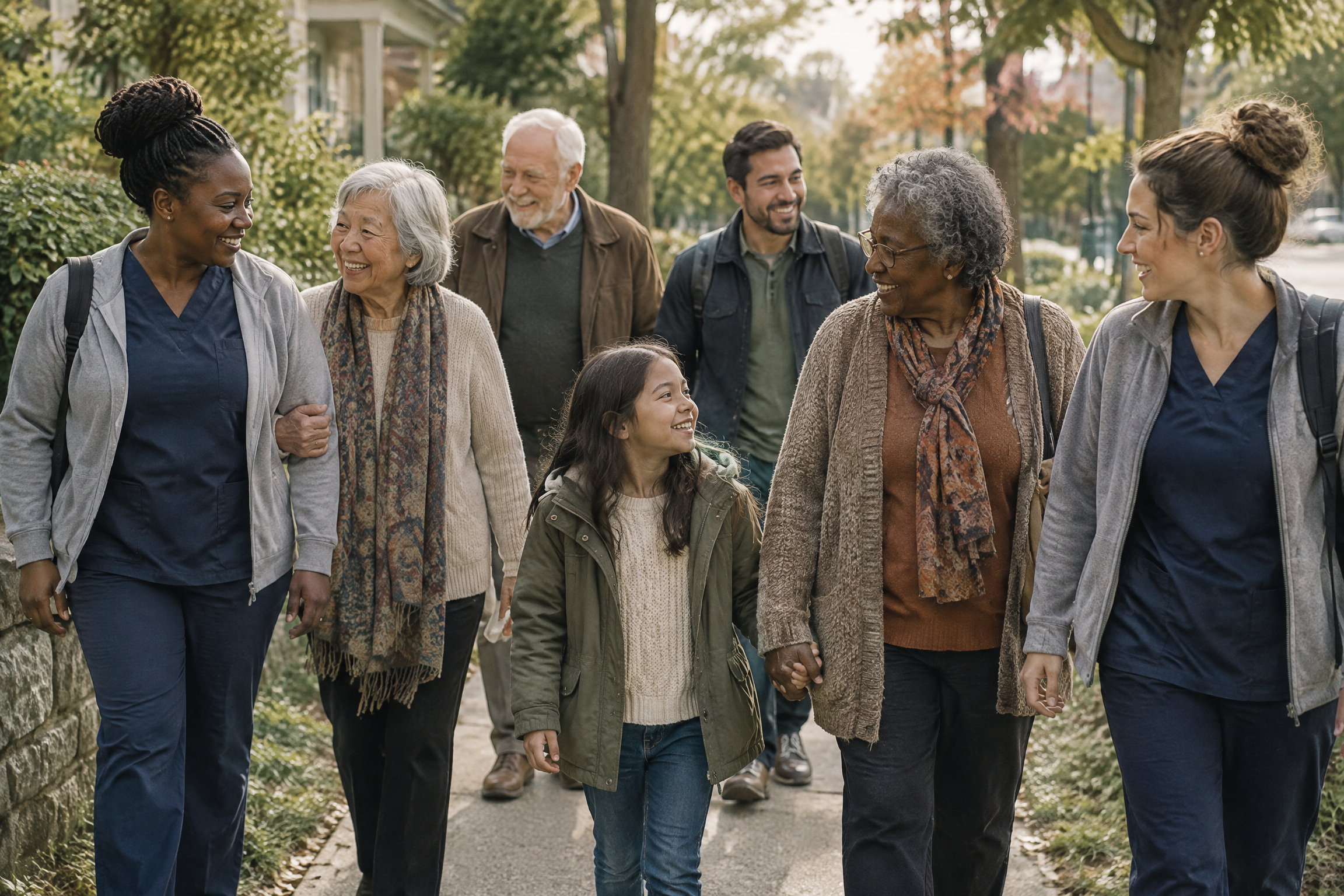 A diverse community walking together outdoors